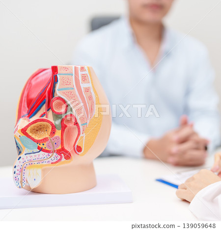 Doctor with Male Reproductive System anatomy model. Male consultation, Prostate Cancer, Enlarged prostate, Prostatitis disease, Male Infertility, Erectile dysfunction, Penis and Male genital disorder Doctor with Male Reproductive System anatomy model. Male consultation, Prostate Cancer, Enlarged prostate, Prostatitis disease, Male Infertility, Erectile dysfunction, Penis and Male genital disorder 139059648