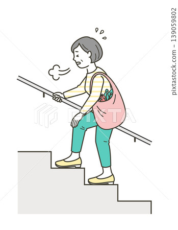 Illustration of a middle-aged woman sighing and climbing the stairs Illustration of a middle-aged woman sighing and climbing the stairs 139059802