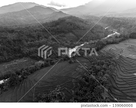 Beautiful morning view in Indonesia, panoramic landscape of rice fields with mountain ranges and clear sky Beautiful morning view in Indonesia, panoramic landscape of rice fields with mountain ranges and clear sky 139060008