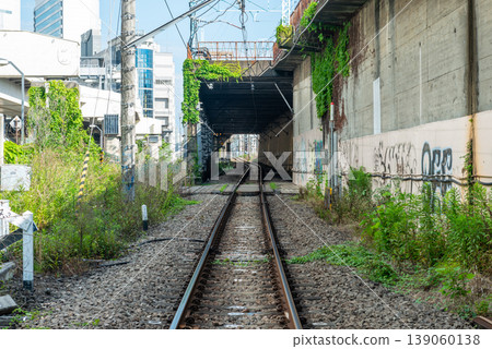A view of the freight-only railway line leading into a tunnel under the elevated railway bridge in Yokohama Minato Mirai. A view of the freight-only railway line leading into a tunnel under the elevated railway bridge in Yokohama Minato Mirai. 139060138