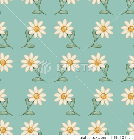 Seamless pattern of Daisy cartoon, background  Bluish green color . Hand drawn watercolor illustration. For menus, labels, paper, textiles and seasonal fabric. 139060162