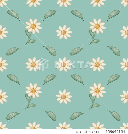 Seamless pattern of Daisy cartoon, background Bluish green color . Hand drawn watercolor illustration. For menus, labels, paper, textiles and seasonal fabric. Seamless pattern of Daisy cartoon, background Bluish green color . Hand drawn watercolor illustration. For menus, labels, paper, textiles and seasonal fabric. 139060164