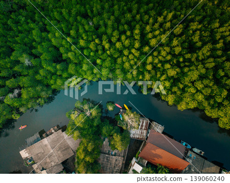 Top-down aerial view of a riverside fishing village and mangrove forest with kayaks. 139060240