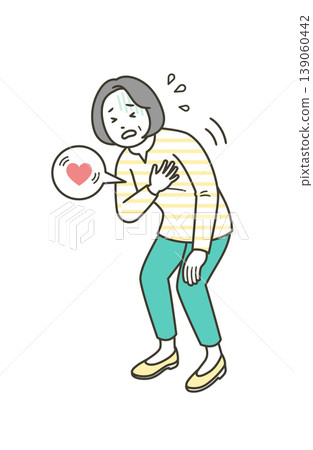 一位中年婦女摀著胸口,似乎因心悸而感到疼痛。 一位中年婦女摀著胸口,似乎因心悸而感到疼痛。 139060442