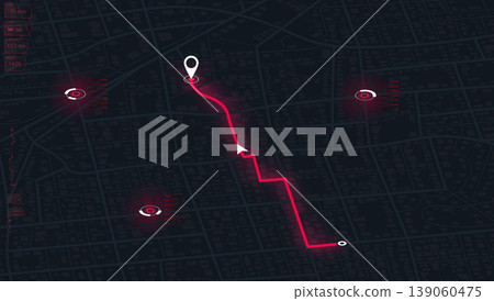 Futuristic city map with glowing red navigation path and HUD user interface elements showing GPS tracking data. Vector illustration. 139060475