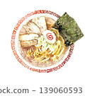 A top view of a thunder pattern bowl of soy sauce ramen, hand-painted with transparent watercolors. 139060593