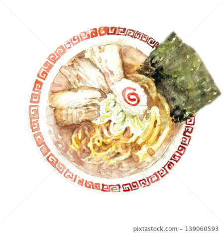 A top view of a thunder pattern bowl of soy sauce ramen, hand-painted with transparent watercolors. 139060593