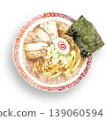 A top-down view of a thunder pattern bowl of soy sauce ramen, hand-painted with transparent watercolors and natural shading. 139060594