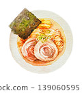 Hand-painted transparent watercolor of soy sauce ramen viewed from above. 139060595
