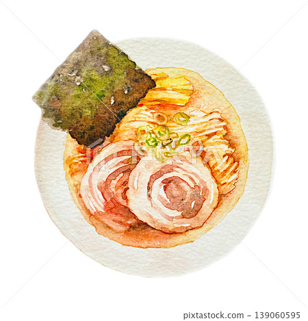 手繪透明水彩畫，描繪了從上方視角看到的醬油拉麵。 139060595