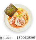 Hand-painted transparent watercolor of soy sauce ramen viewed from above, with natural shading. 139060596