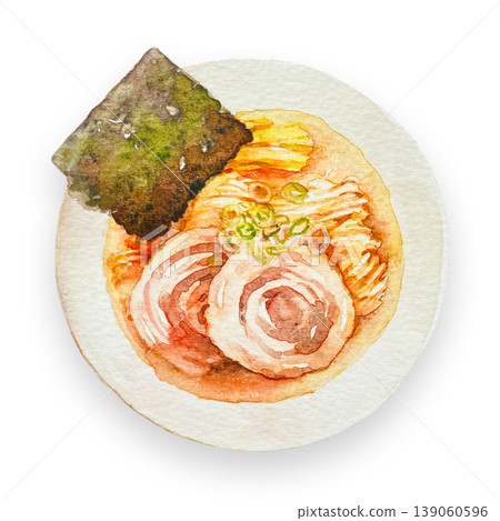 Hand-painted transparent watercolor of soy sauce ramen viewed from above, with natural shading. 139060596