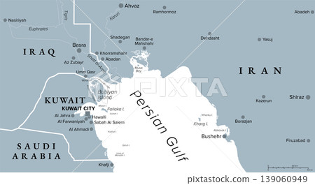 Head of the Persian Gulf, gray political map, with Kuwait, a country in West Asia and Middle East, in the edge of Arabian Peninsula, with Bubiyan Island, part of the Shatt al-Arab river delta. Vector Head of the Persian Gulf, gray political map, with Kuwait, a country in West Asia and Middle East, in the edge of Arabian Peninsula, with Bubiyan Island, part of the Shatt al-Arab river delta. Vector 139060949