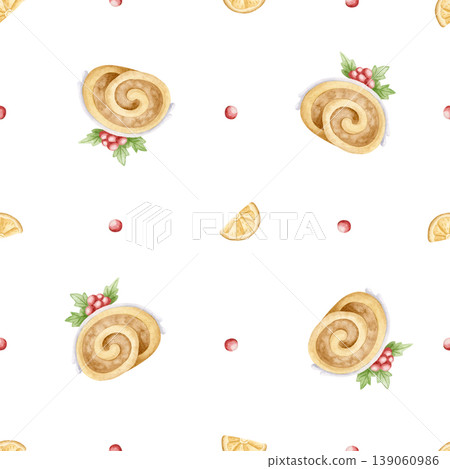 Christmas desserts watercolor seamless pattern on white. Round candies, Yule log cake and dried orange slice for New Year's repeat background. Festive hand drawn winter sweet food minimalist backdrop 139060986