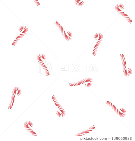 Simple candy canes seamless pattern on white for minimalist Christmas designs. Watercolor hand drawn holiday sweets repeat background for wrapping paper 139060988
