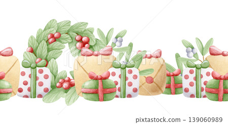 Christmas gift boxes with bows, door fir wreaths and mistletoe watercolor seamless border isolated on white. Hand drawn kids presents in green, red and beige. Happy New Year repeat banner Christmas gift boxes with bows, door fir wreaths and mistletoe watercolor seamless border isolated on white. Hand drawn kids presents in green, red and beige. Happy New Year repeat banner 139060989