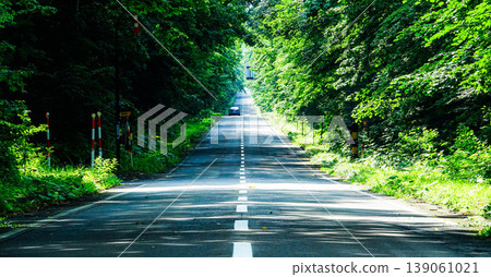 Hokkaido Prefectural Road 52, a straight road leading to Lake Mashu in Teshikaga Town, Hokkaido, in the summer. Hokkaido Prefectural Road 52, a straight road leading to Lake Mashu in Teshikaga Town, Hokkaido, in the summer. 139061021