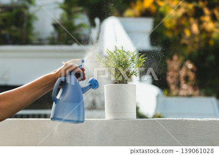 A gardener mists a small potted plant with spray bottle. 139061028