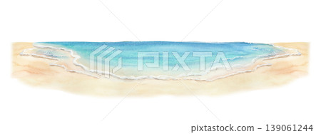 Watercolor horizontal beach seascape isolated illustration no background. Ocean coast with sand clip art for tropical and summer designs in bright blue and turquoise colors. Hand drawn French Riviera Watercolor horizontal beach seascape isolated illustration no background. Ocean coast with sand clip art for tropical and summer designs in bright blue and turquoise colors. Hand drawn French Riviera 139061244