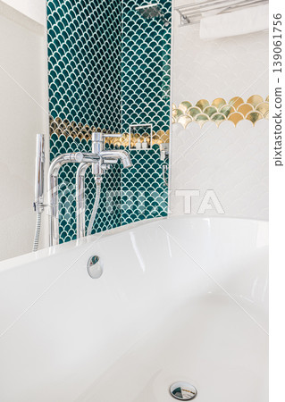Green marble design standalone bathtub white gold decoration interior luxury home bathroom elegant premium spa sophisticated living Green marble design standalone bathtub white gold decoration interior luxury home bathroom elegant premium spa sophisticated living 139061756