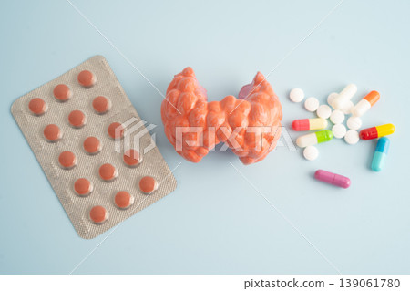 Thyroid model with pill drug treatment, Hyperthyroidism, Overactive or Lymphoma. 139061780