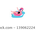 An illustration of a woman riding a flamingo-shaped inflatable ring. 139062224
