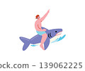 An illustration of a man riding a shark-shaped inflatable ring. 139062225