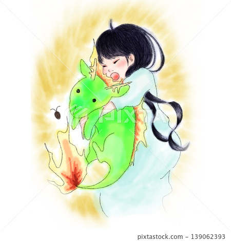 水彩風格手繪插畫,描繪了一個女孩和一條龍 水彩風格手繪插畫,描繪了一個女孩和一條龍 139062393