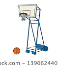 A sports illustration of a basketball and hoop left lying alone on the ground. 139062440