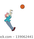A cartoon illustration depicting a scene from youth: a boy jumping into the sky and making a shot. 139062441