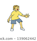 A full-body illustration of a man with a surprised expression, frozen in place, looking up at the sky in a pose as if to stop. 139062442