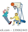 A sports illustration depicting two boys playing a basketball game, shooting a ball. 139062443