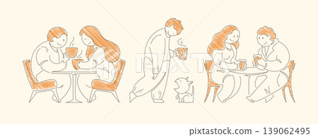 Minimalist Line Art Three Scenes With Couple Enjoying Coffee Conversation And Morning Routine Minimalist Line Art Three Scenes With Couple Enjoying Coffee Conversation And Morning Routine 139062495