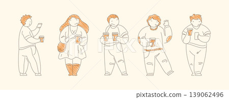 Minimalist Line Art Five Casual Coffee Drinkers With Smartphones Waving And Social Poses Minimalist Line Art Five Casual Coffee Drinkers With Smartphones Waving And Social Poses 139062496