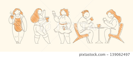 Minimalist Line Art Four Coffee Scenes Waitress Serving Woman Drinking Mobile Order And Couple Minimalist Line Art Four Coffee Scenes Waitress Serving Woman Drinking Mobile Order And Couple 139062497