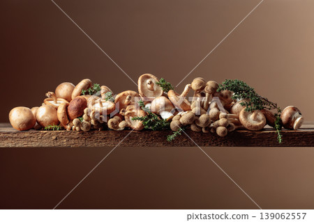 An assortment of mushrooms on a rustic wooden board with sprigs of thyme. 139062557
