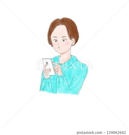 一位女士正在看她的智慧型手機——一幅簡單可愛的手繪插圖。 139062682