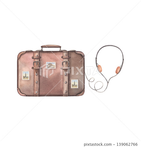 Hand-painted watercolor of vintage suitcase with stamps and headphones isolated on white. Surreal travel music concept illustration for retro branding, ads, editorial design, posters, websites Hand-painted watercolor of vintage suitcase with stamps and headphones isolated on white. Surreal travel music concept illustration for retro branding, ads, editorial design, posters, websites 139062766