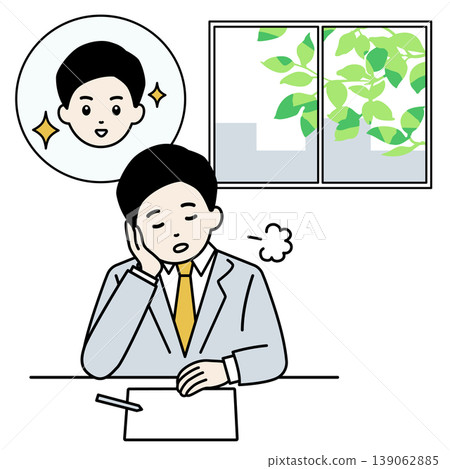 An illustration of a male employee sighing due to the May blues (vector, transparent background). An illustration of a male employee sighing due to the May blues (vector, transparent background). 139062885