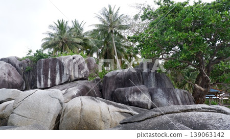Giant Granite Boulders on a Tropical Beach Shore Giant Granite Boulders on a Tropical Beach Shore 139063142
