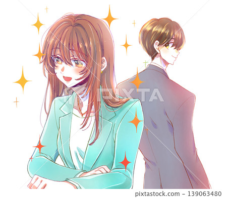 A man in a suit smiles at a female colleague. A man in a suit smiles at a female colleague. 139063480
