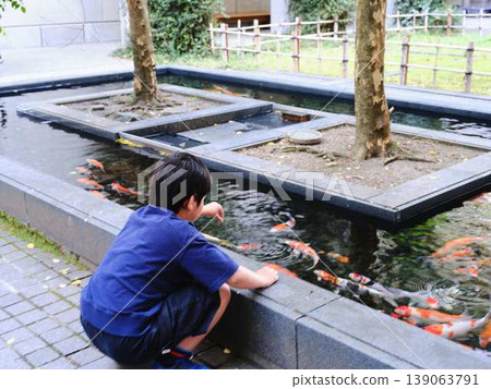 A boy enjoying feeding carp 139063791