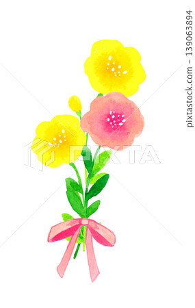 一束可愛的鮮花和一條粉紅色絲帶——手繪水彩植物插圖。 一束可愛的鮮花和一條粉紅色絲帶——手繪水彩植物插圖。 139063894