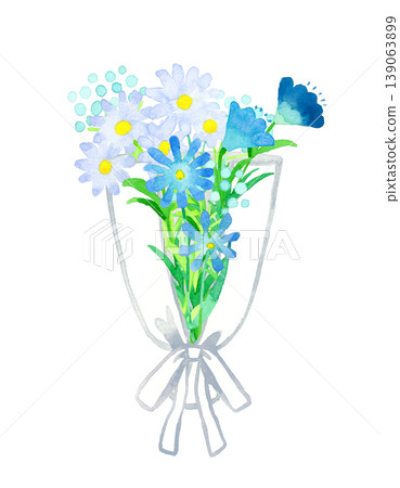 A stylish and sophisticated bouquet in blue tones; hand-drawn watercolor illustration of plants. A stylish and sophisticated bouquet in blue tones; hand-drawn watercolor illustration of plants. 139063899