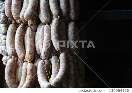 Argentinian sausages hanging detail close up Argentinian sausages hanging detail close up 139064166