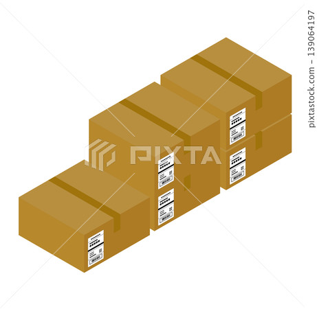 An illustration showing stacks of cardboard boxes with shipping labels containing QR codes and barcodes. 139064197