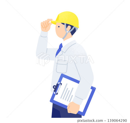 側視圖,描繪了一名身穿工作服的男子,他一手扶著頭盔邊緣,目視前方。 側視圖,描繪了一名身穿工作服的男子,他一手扶著頭盔邊緣,目視前方。 139064290