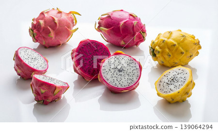 Fresh dragon fruit varieties pink and yellow on white background EPS with exotic fruit tropical fruit halves food photography whole fruit cut fruit water color healthy food superfood EPS 139064294