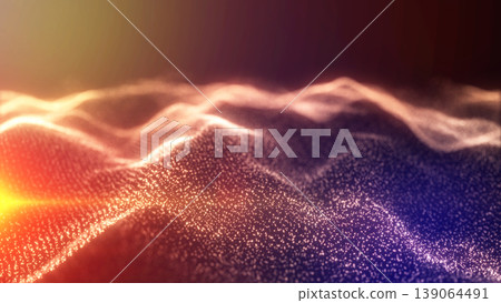 Warm orange and blue glowing particle waves with sparkling dots and soft bokeh haze, abstract digital energy landscape and modern tech background Warm orange and blue glowing particle waves with sparkling dots and soft bokeh haze, abstract digital energy landscape and modern tech background 139064491