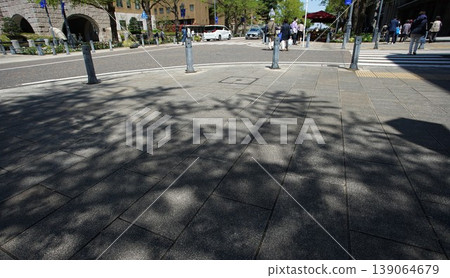 The shadows of tree branches cast on the sidewalk of a city on a sunny day. The shadows of tree branches cast on the sidewalk of a city on a sunny day. 139064679
